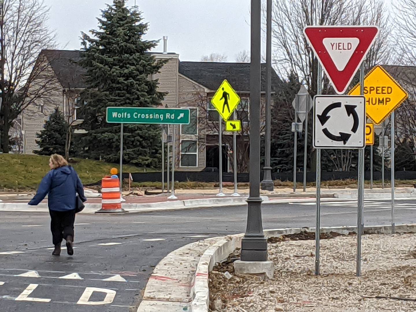 As part of a $10.7 million project to improve safety and ease traffic congestion, Wolfs Crossing was widened to four lanes from Harvey Road to Devoe Drive and the four-way intersection at Wolfs Crossing and Harvey Road was replaced with Oswego’s first roundabout.