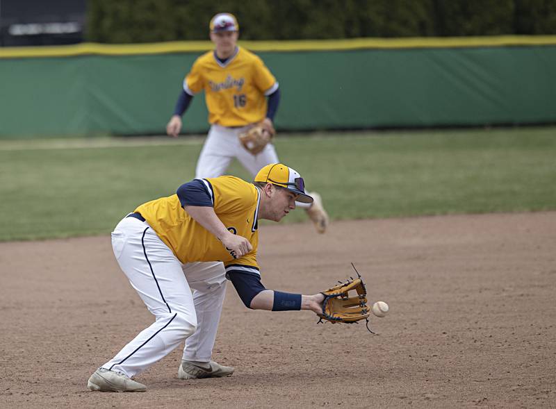 Sterling’s Drew Nettleton plays a ball at third base against Rock Falls Friday, March 29, 2024 at Rock Falls High School.