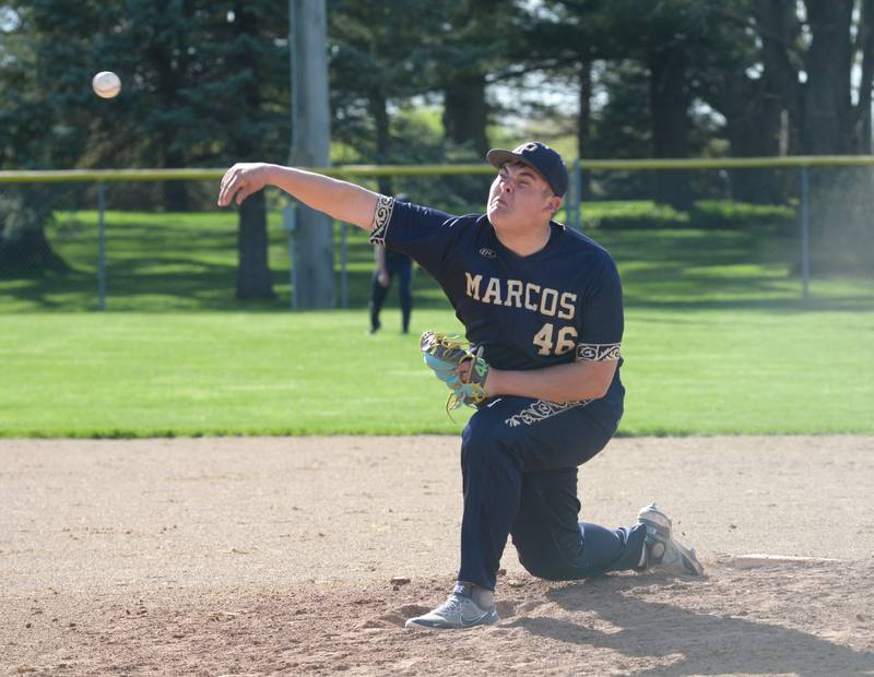 Polo's Logan Nelson delivers a pitch against Eastland' during a Tuesday, April 23, 2024 game at Westside Park in Polo.