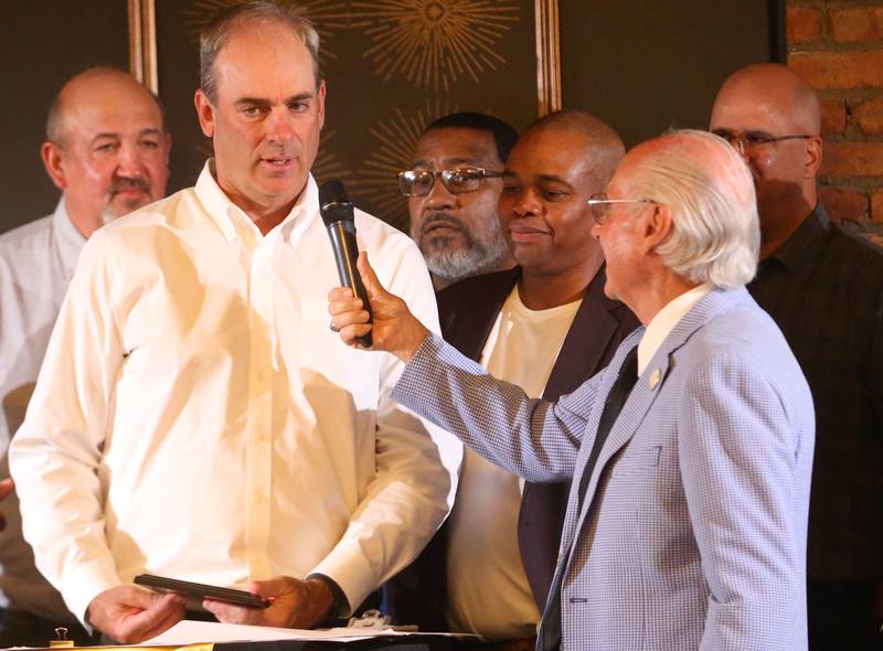 Mark Cooper former 1987-1988 IVCC Mens basketball player speaks with emcee Lanny Slevin during the Illinois Valley Sports Hall of Fame awards banquet on Thursday, June 6, 2024 at the Auditorium Ballroom in La Salle.