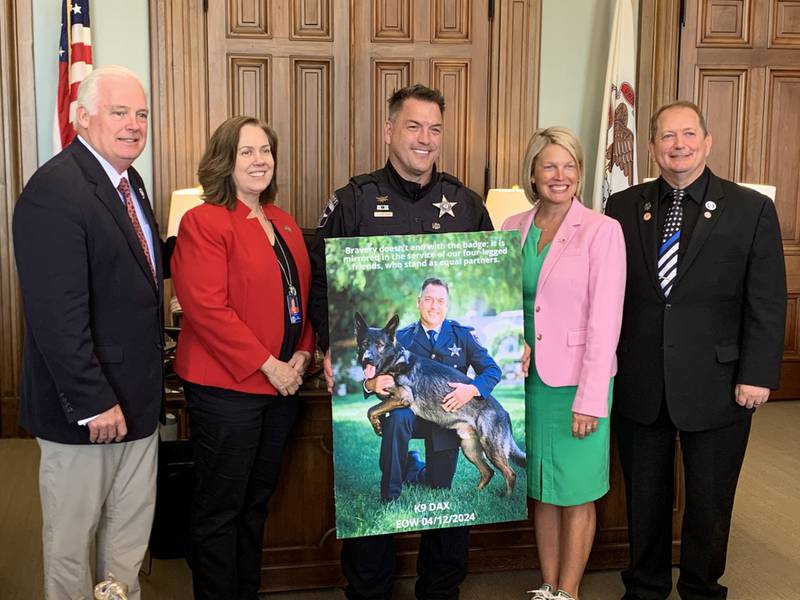 State Rep. Martin McLaughlin (left to right), state Rep. Joyce Mason, Lake County Sheriff’s Deputy John Forlenza, House Minority Leader Tony McCombie and state Rep. Tom Weber.