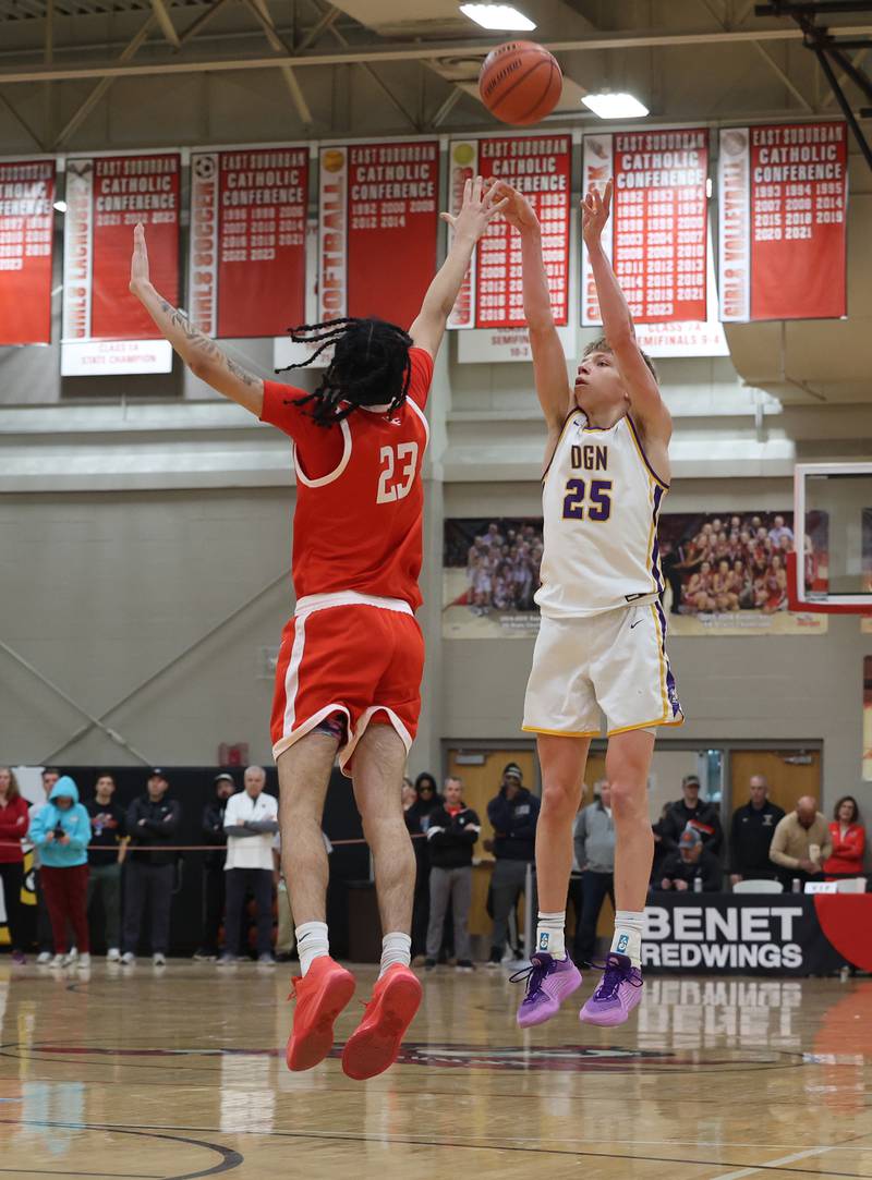 Downers Grove North’s Alex Miller (25) takes a shot against Homewood-Flossmoor / Downers Grove North during the When Sides Collide Shootout on Saturday, Jan. 20, 2024 in Lisle, IL.