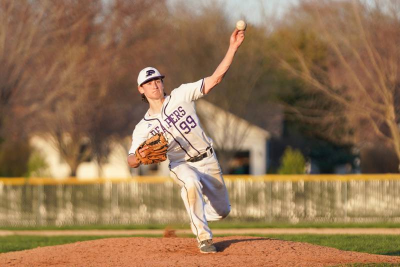 Plano's Kaden Aguirre (99) delivers a pitch against Marengo during a baseball game at Plano High School on Monday, April 8, 2024.
