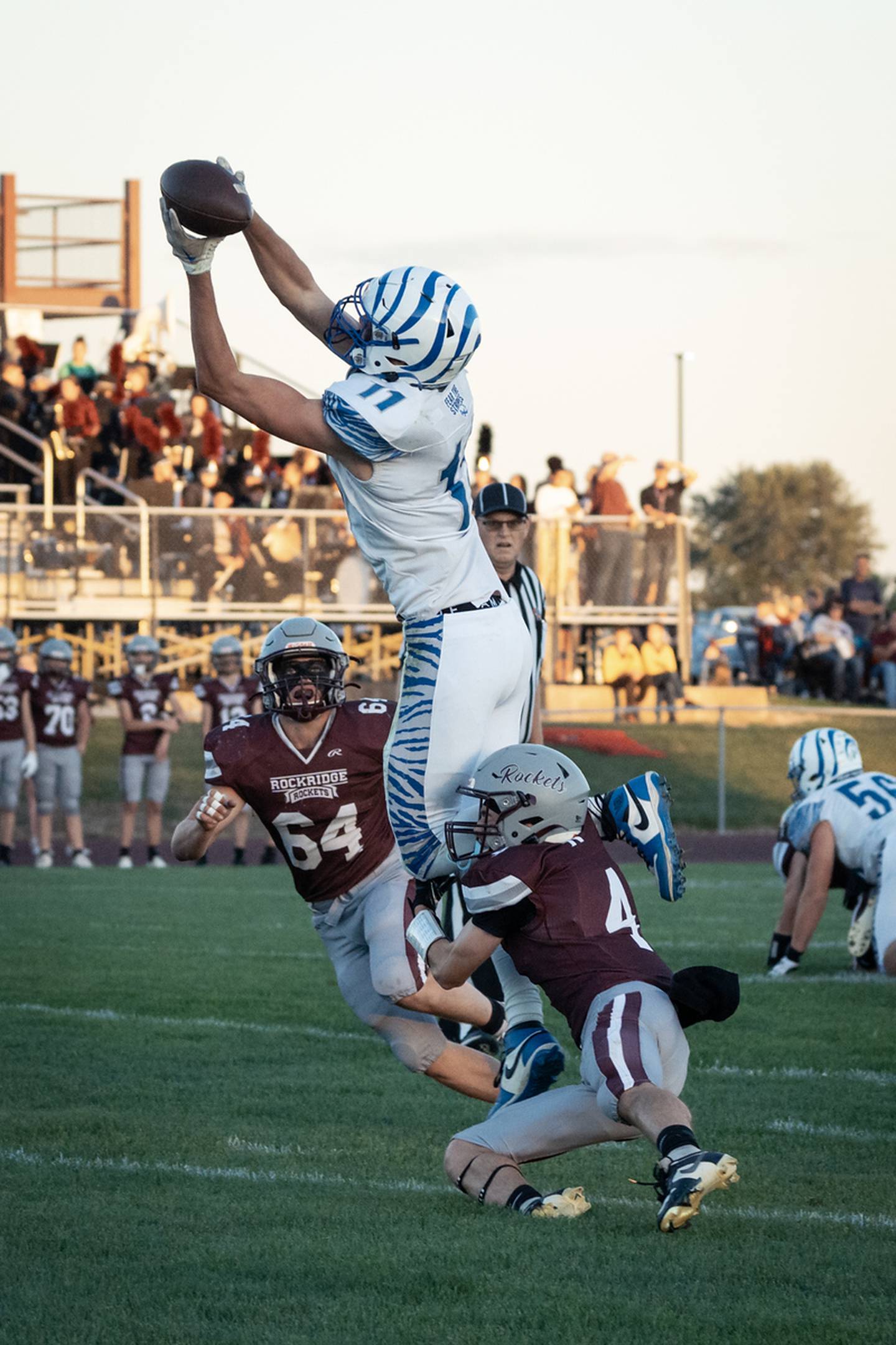 Princeton's Noah LaPorte makes a first-half grab at Rockridge Friday night.