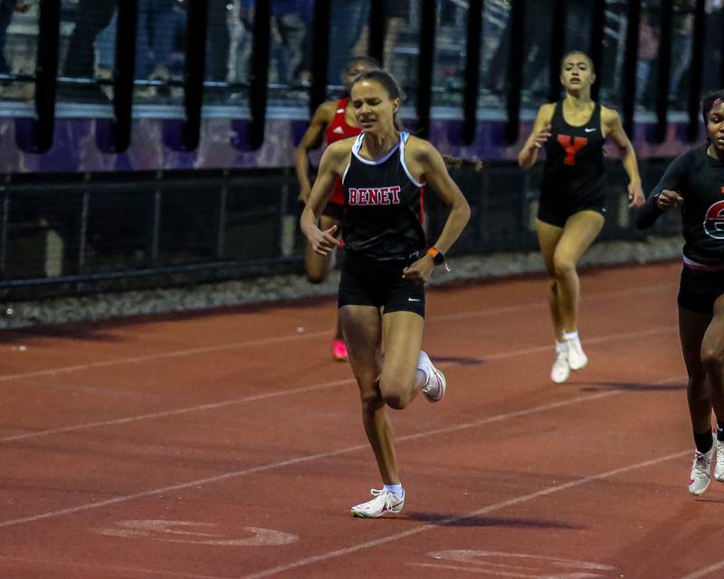 Benet's Payton Mathelier finishes first in the 400-meter run at Friday's Class 3A Downers Grove North Sectional Girls Track and Field meet.