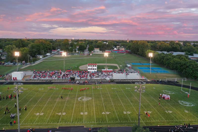 An aerial photo of Doug Dieken Stadium as the sun sets during the 103rd meeting between Ottawa and Streator football. The first played on Nov. 3, 1894.