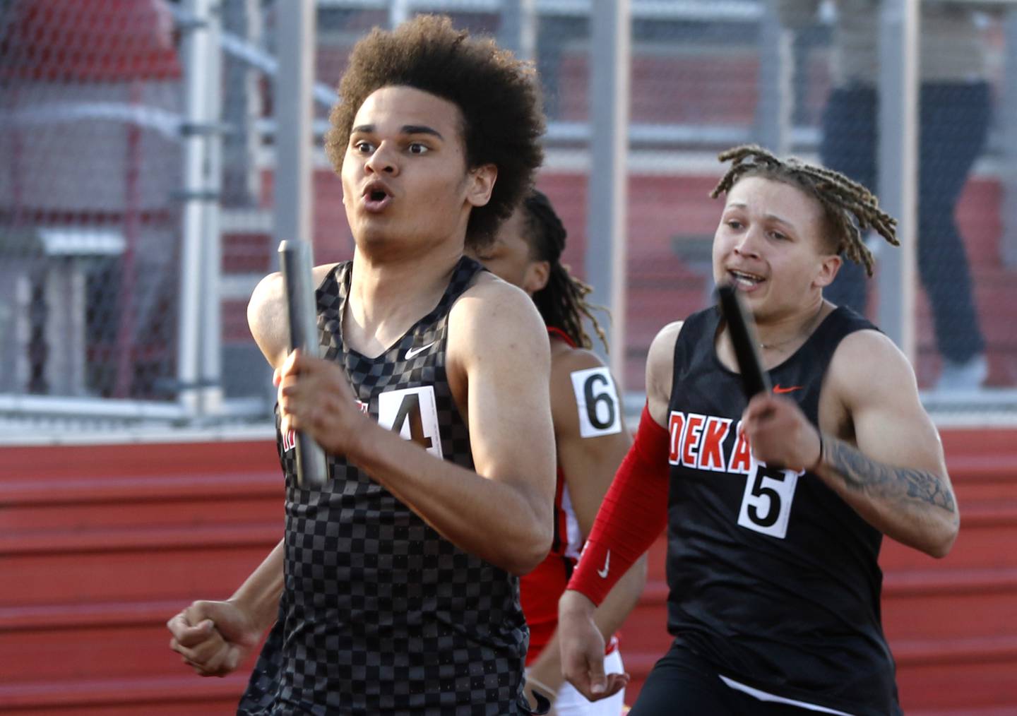 Huntley’s Talon Sargent races the last leg of the 4 x 100 relay during the Huntley IHSA Class 3A Boys Sectional Track and Field Meet on Wednesday, May 15, 2024, at Huntley High School.