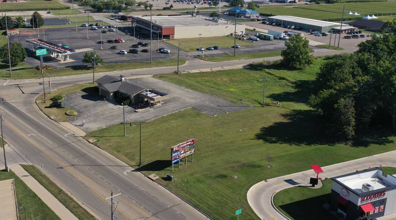 An aerial view of the former Midland Bank on the corner of Backbone and Main Street on Tuesday, Sept. 3, 2024 in Princeton. The Princeton City Council meet to discuss an ordinance approving the final plat of Michael's Plaza Subdivision with a proposal for Aldi's and Starbucks. Starbucks expects to break ground in the next 30 days with Aldi's slated for Spring of 2025.