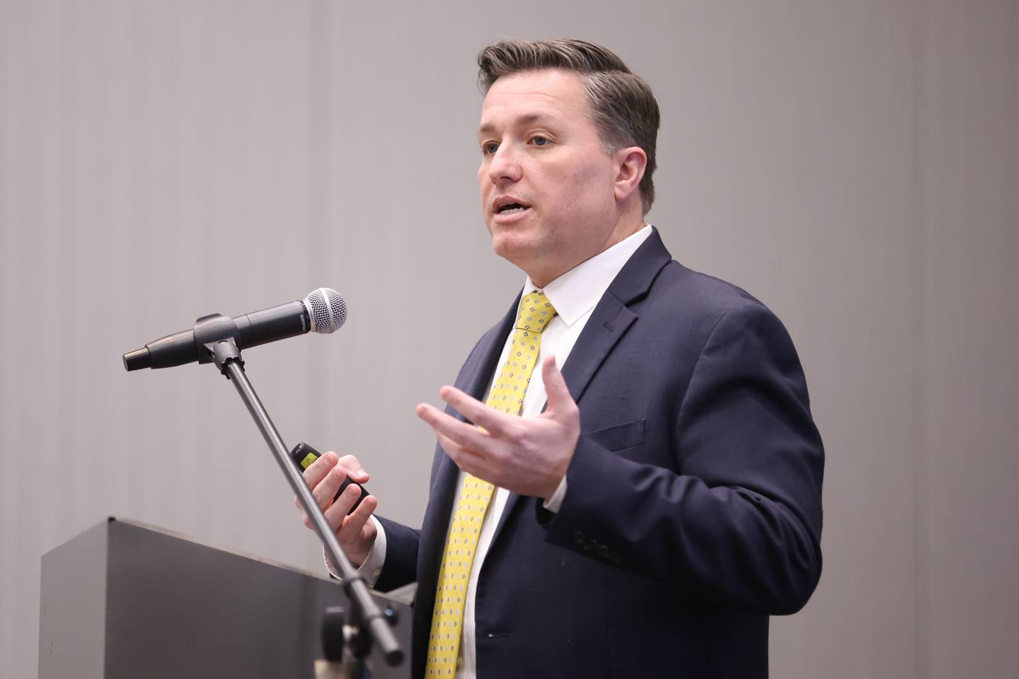 Doug Pryor, Vice President of Economic Development for the Will County Center for Economic Development, speaks to the Joliet Region Chamber of Commerce and Industry at a luncheon held at the Holiday Inn in Joliet. Wednesday, Feb. 16, 2022, in Joliet.