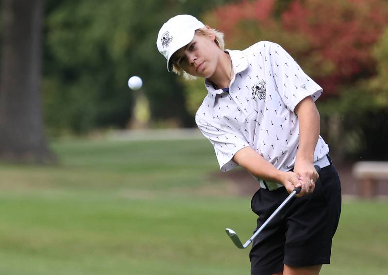 Kaneland’s Dylan Pjesky chips onto the fourth green Monday, Sept. 16, 2024, during the Mark Rolfing Cup at the Kishwaukee Country Club in DeKalb.