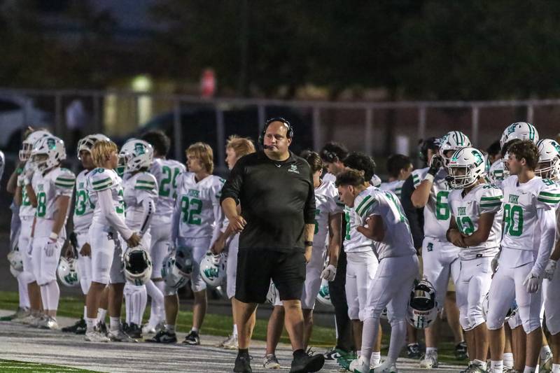 York's head coach Donald Gelsomino roams the sidelines during a football game between York at Plainfield North on Friday, Sept 6th, 2024 in Plainfield. Gary E Duncan Sr for Shaw Local News Network.