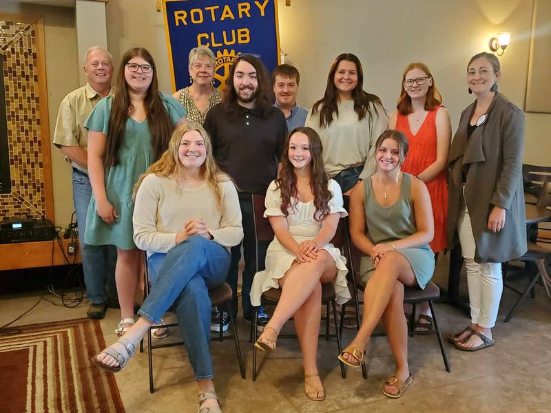 Participating in the Princeton Rotary Clubs scholarship announcement are (back from left) Michael Stutzke (Grants/Scholarship Committee), Savannah Hollars, Joanne Sheldon (Grants/Scholarship Committee), Jacob Knickerbocker, Charlie Hartz, Morgan Richards, Katie Kammerer and Ryan Keutzer (Grants/Scholarship Committee Chair) (seated) Morgan Foes, Kelsea Mongan and Sophia Oester. Not pictured is Caitlin Meyer.