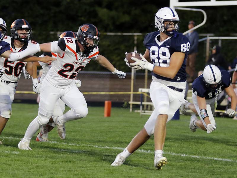 Cary-Grove's Quintin Witt caches a pass on a two-point conversion during a Fox Valley Conference football game against Crystal Lake Central  on Friday, Sept. 6, 2024, at Cary-Grove High School in Cary.