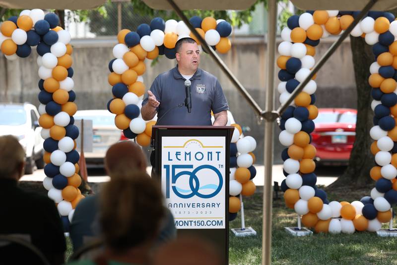 Village Administrator George Schafer speaks at the Lemont 150th Anniversary Commemoration on Friday, June 9, 2023 in downtown Lemont.