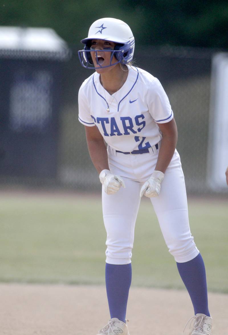 St. Charles North’s Maddie Hernandez celebrates a hit during a Class 4A St. Charles North Sectional semifinal against Fremd on Tuesday, May 30, 2023.