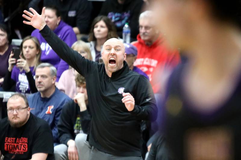 Downers Grove North Head Coach Jim Thomas yells to his team during the Class 4A East Aurora Boys Basketball Sectional final against Bolingbrook on Friday, March 1, 2024.