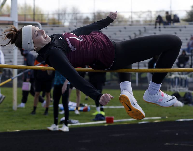 Marengo’s Michaela Almeida competes in the girls high jump Friday, April 21, 2023, during the McHenry County Track and Field Meet at Cary-Grove High School.