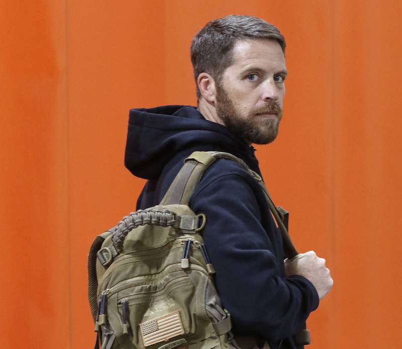 McHenry High School teacher, U.S. Army veteran Ray Hagerty with his backpack on Tuesday, Oct. 31, 2023.