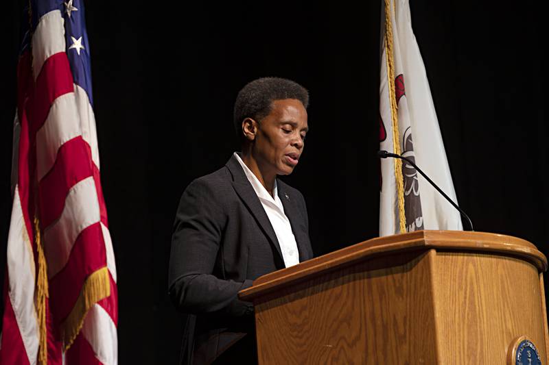 Cheryllynn Williams, Illinois Deputy Director of Training speaks to the graduates Friday, April 14, 2023 for the first SVCC Police Academy graduation.