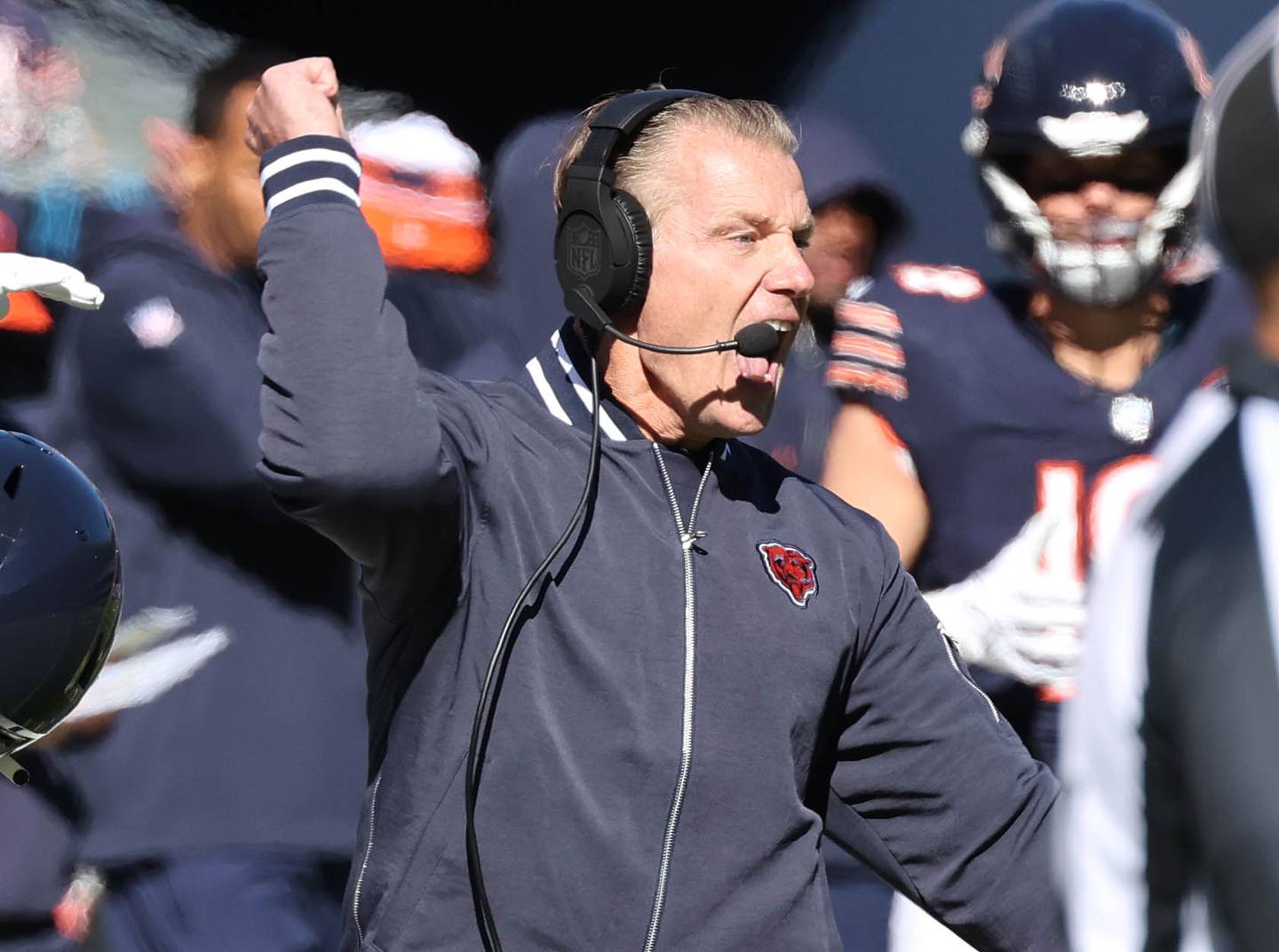 Chicago Bears Head Coach Matt Eberflus celebrates after the Las Vegas Raiders missed a field goal during their game Sunday, Oct. 22, 2023, at Soldier Field in Chicago.