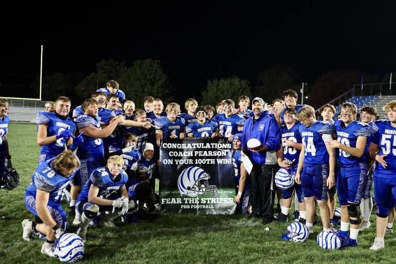 Princeton coach Ryan Pearson recorded his 100th career win with Friday's 57-20 win over Mercer County at Bryant Field.