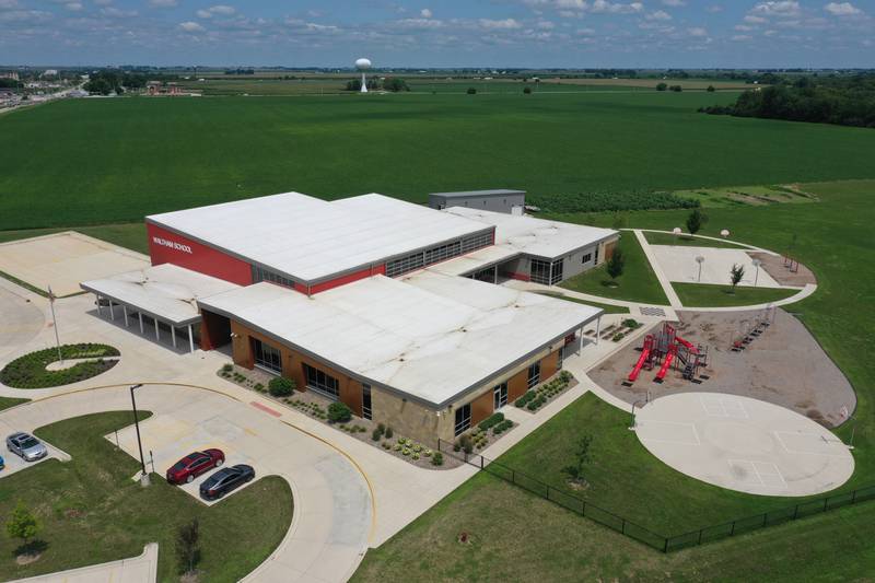 An aerial view of Waltham School on Tuesday, July 18, 2023 in Utica.