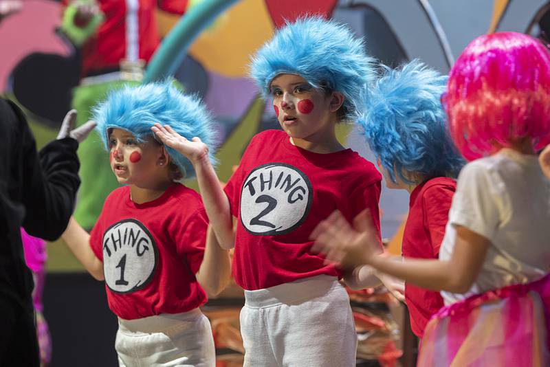 Dr. Seuss characters Thing 1, played by Kylie Temiquel, and Thing 2, played by Nova Temiquel perform in “Seussical Jr.” Friday, May 10, 2024 at The Dixon Theatre.