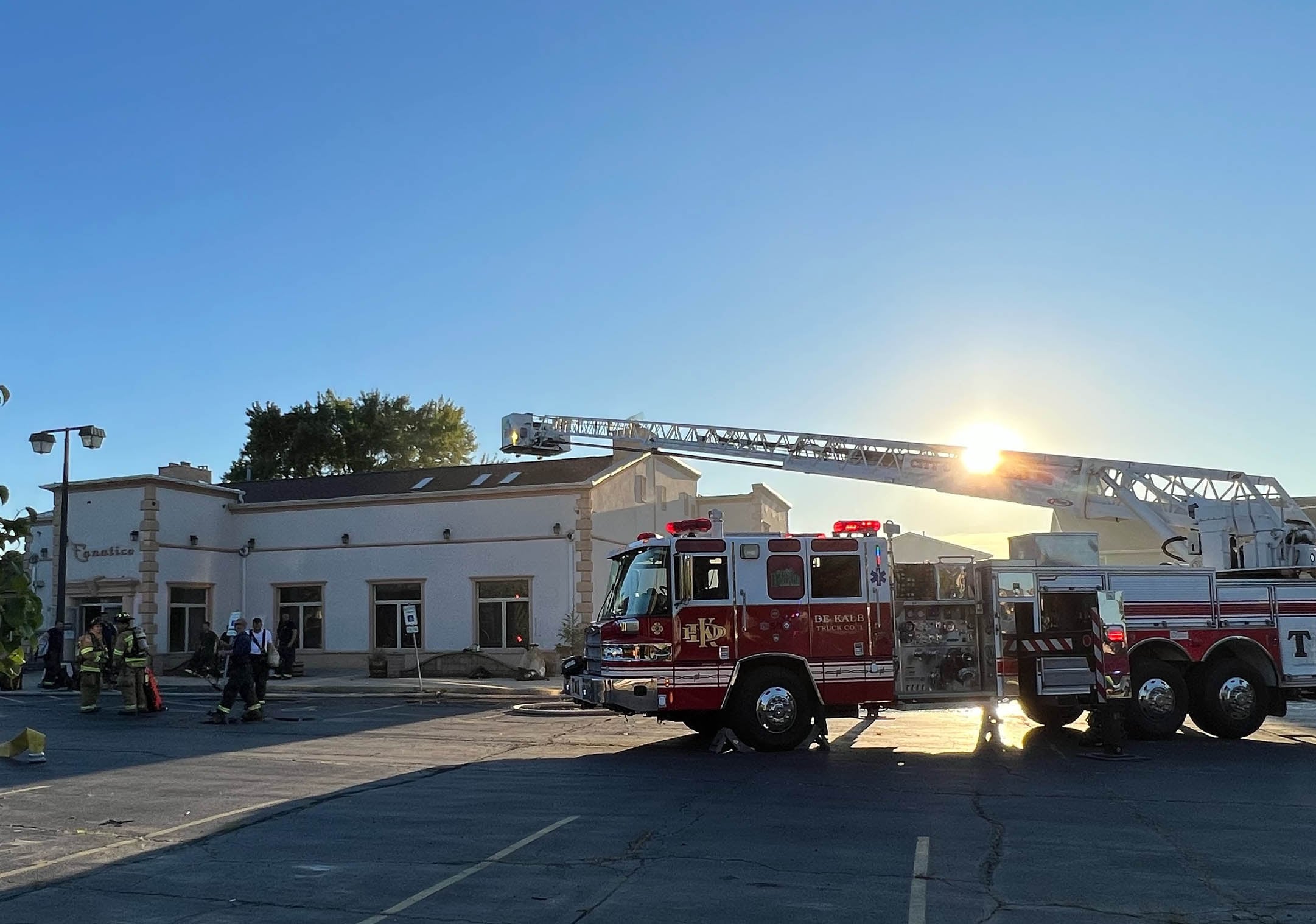 A DeKalb fire engine sits at the scene of a structure fire Friday, Sept. 1, 2023, in the building that once housed Fanatico Italian restaurant in DeKalb.