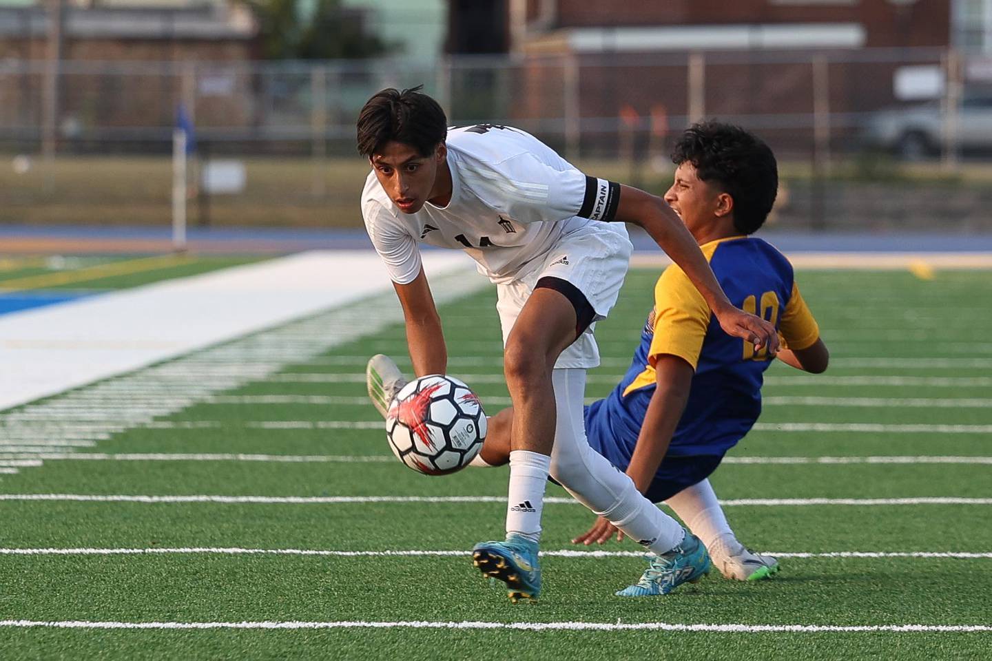 Joliet Catholic’s Leonardo Marquez wins the battle for the ball against Joliet Central on Monday, Sept. 9, 2024 in Joliet.