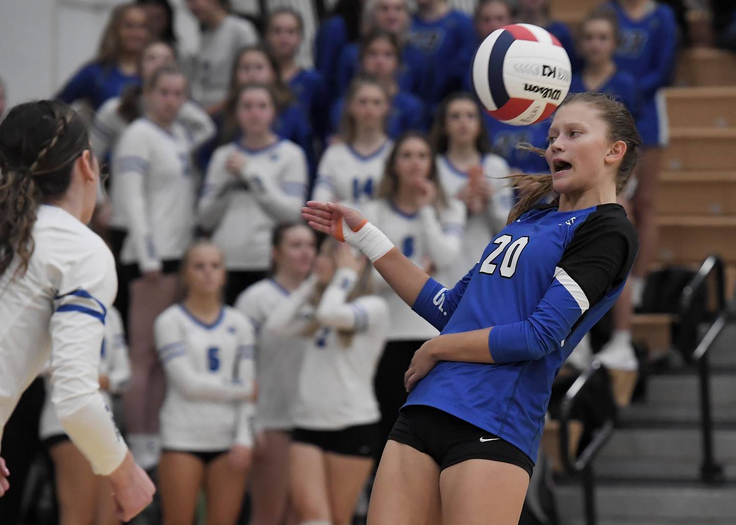 Geneva’s Sophia Broderick lets a St. Charles North shot go out-of-bounds in a girls volleyball match in St. Charles in Tuesday, October 17, 2023.