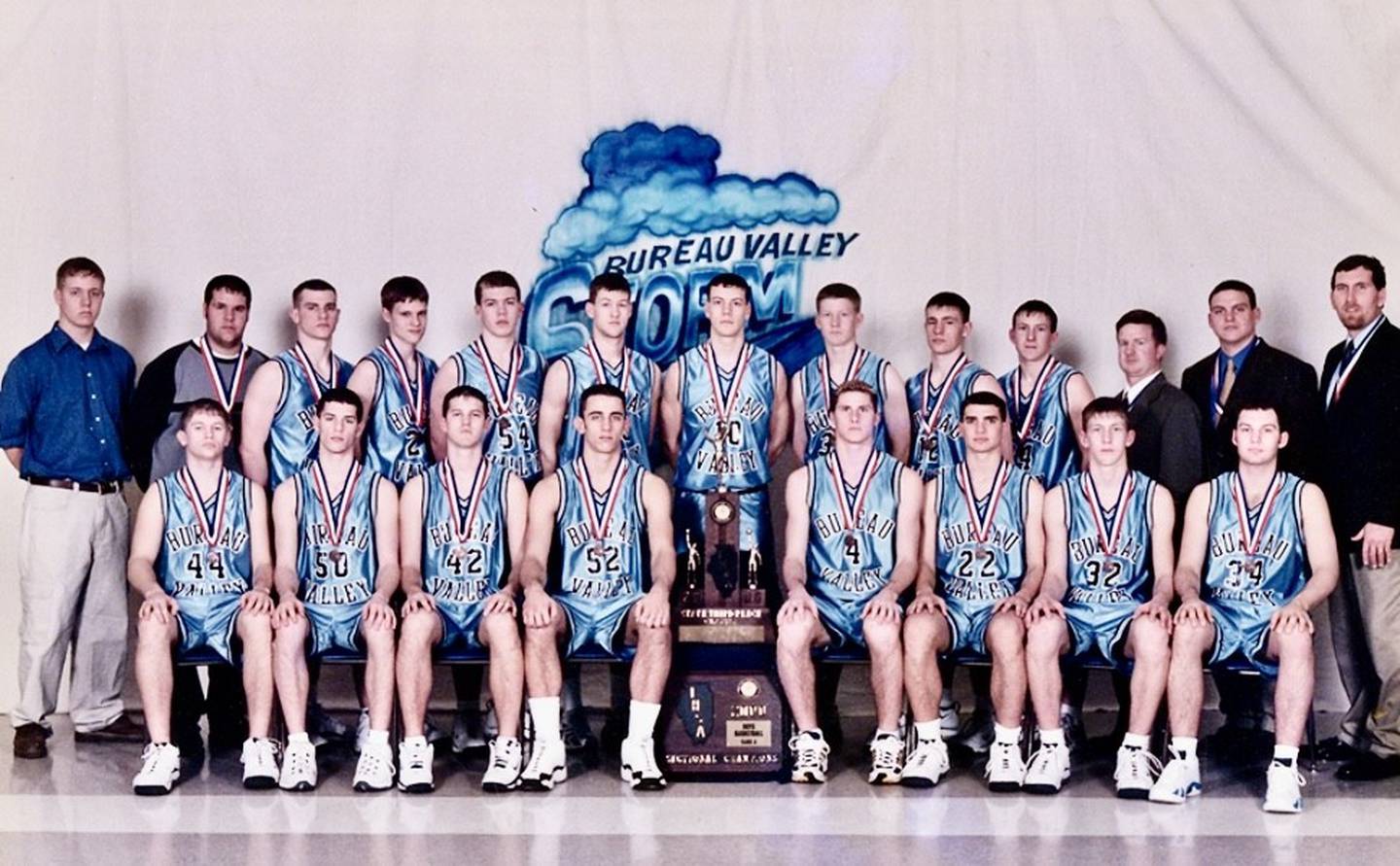 The 1999-00 Storm basketball team was the first from Bureau Valley to reach State and placed third-place basketball team. Team members are (front row, from left) Eric Wiggim, Mike Jacobs, Chris Heward, Mike Behrens, Reuben Slock, Justin Yepsen, Phil Endress and Matt Tumbleson; (and (back row) manager Justin Hansen, manager Andy Lanxon, Matt Hewitt, John Elliott, Jim Marlowe, Ryan Litherland, Chad Dever, Tim Eckberg, Jamie Durham, Adam Endress, assistant coach Brett Helms, assistant coach Jason Stabler and head coach Brad Bickett.