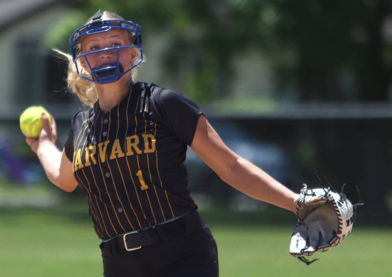 Harvard’s Tallulah Eichholz delivers against Prairie Ridge during Class 3A softball regional final action at Lions Park in Harvard Saturday.