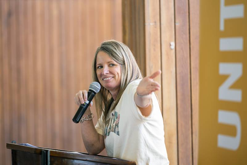 United Way of Lee County board president Jennifer Heintzelman introduces executive director Ashley Richter Wednesday, May 1, 2024.