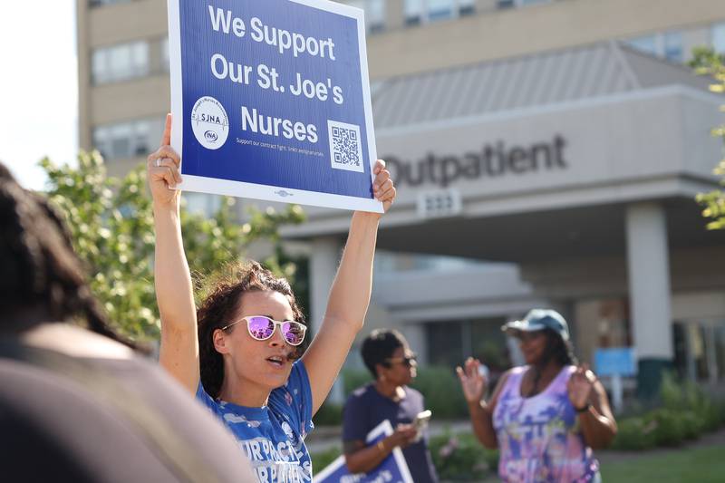 St. Joseph nurses and supporters picket outside St. Joseph Hospital as contract negotiations continue on Thursday, July 20th, 2023 in Joliet.