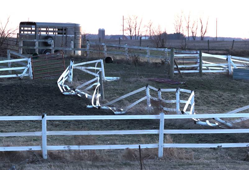 A fence is damaged at a property along East Sandwich Road in Hinckley Wednesday, Feb. 28, 2024, after a tornado hit the area Tuesday night.