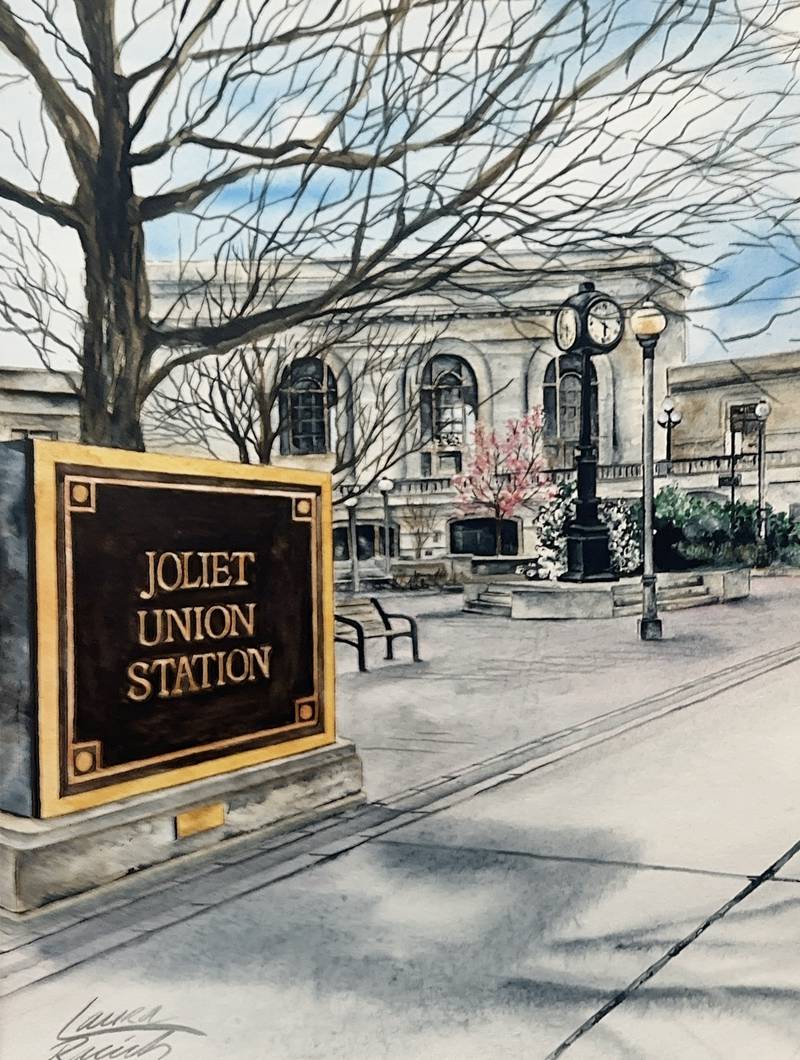 Watercolor painting of Joliet Union Station by Laura Racich.