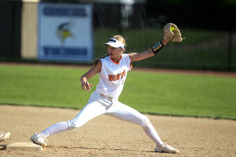 Wheaton Warrenville South’s Presley Wright reaches for an out at second base during a game at St. Charles North on Monday, May 6, 2024.
