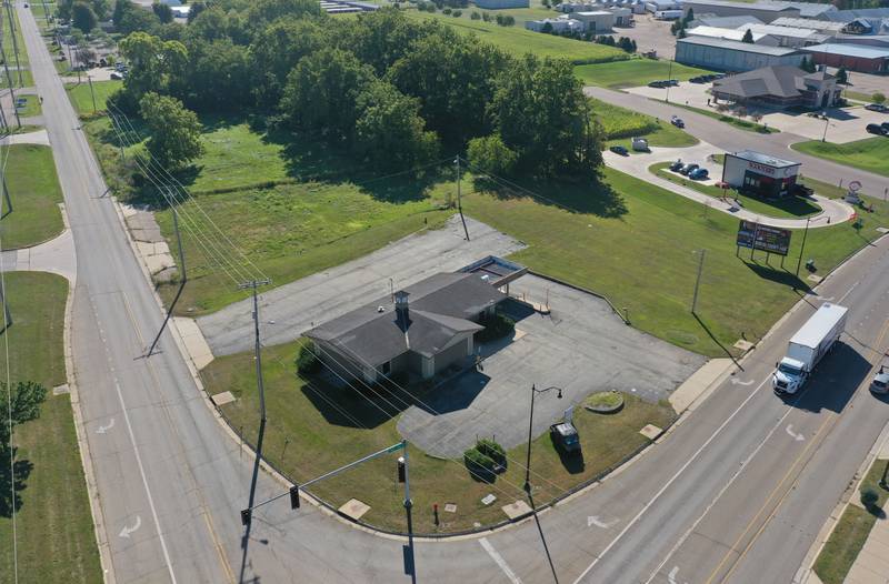 An aerial view of the former Midland Bank on the corner of Backbone and Main Street on Tuesday, Sept. 3, 2024 in Princeton. The Princeton City Council meet to discuss an ordinance approving the final plat of Michael's Plaza Subdivision with a proposal for Aldi's and Starbucks. Starbucks expects to break ground in the next 30 days with Aldi's slated for Spring of 2025.