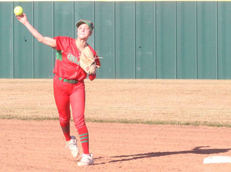 L-P's Ava Lambert throws to first to get a Kewanee runner on Monday, March 11, 2024 at the L-P Athletic Complex in La Salle.