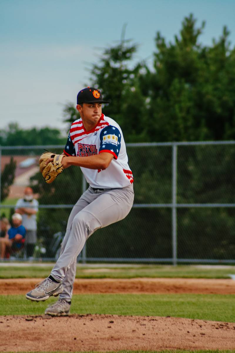 Joseph Martin throws a pitch during the Illinois Valley Pistol Shrimp's 9-5 win over the Burlington Bees on Tuesday, June 11, 2024 in Peru.