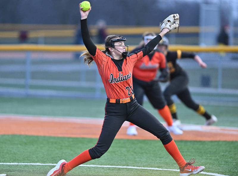 Minooka's Taylor Mackin throws a pitch during the WJOL championship game against Joliet West on Thursday, March. 28, 2024, at Joliet.