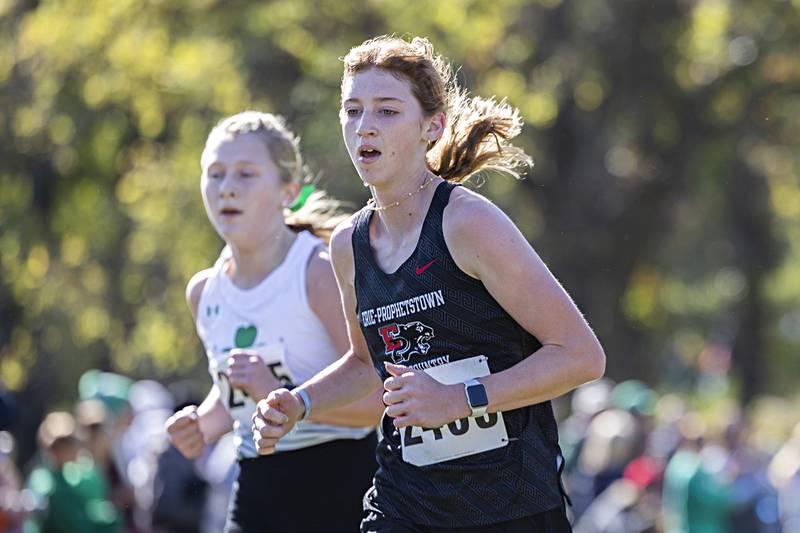 Erie-Prophetstown’s Sarah Link heads for the finish in the 50th Amboy Columbus Day Cross Country Invite Monday, Oct. 9, 2023.