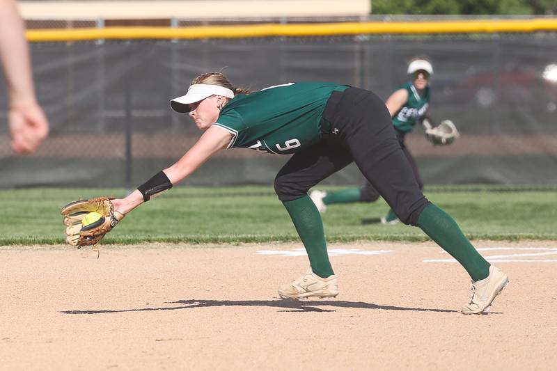 Plainfield Central’s Jamie Crawford snags a line drive for an out against Joliet West on Wednesday, May 15, 2024 in Joliet.