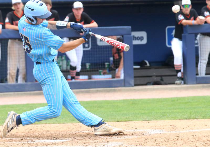 Marquette's Alec Novotney smacks a hit against Altamont during the Class 1A State championship game on Saturday, June 1, 2024 at Dozer Park in Peoria.