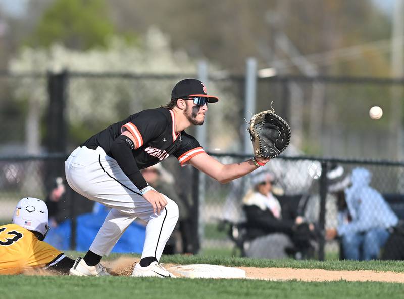 Lincoln-Way West's Jack Linko in action at first base during the non-conference game against Joliet West on Friday, April. 19, 2024, at Joliet.