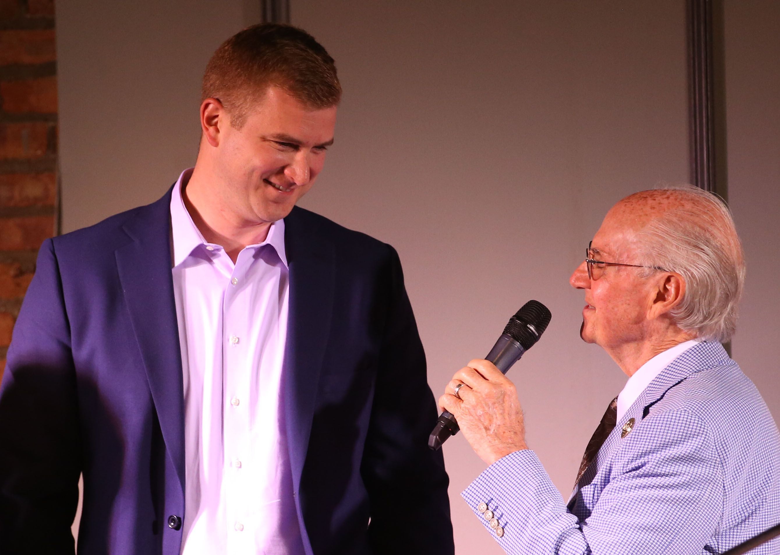 Carlton Fay is interviewed by Lanny Slevin Emcee during the Shaw Media Illinois Valley Sports Hall of Fame on Thursday, June 8, 2023 at the Auditorium Ballroom in La Salle. Fay was a star basketball player at Putnam County High School and led the team to the Class 1A State tournament in 2007. 