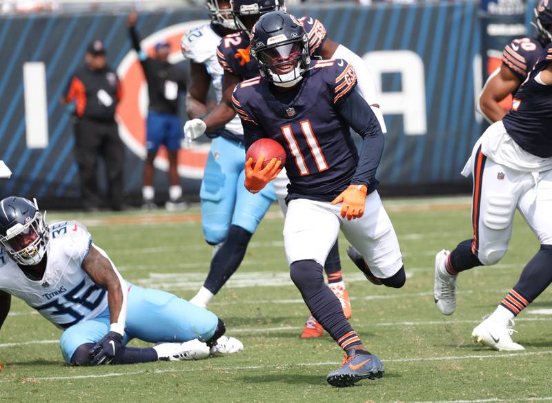 Chicago Bears kick returner DeAndre Carter picks up big yardage on a Tennessee Titans kickoff during their game Sunday, Sept. 8, 2024, at Soldier Field in Chicago.