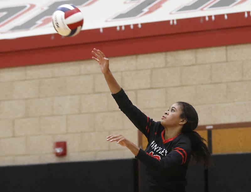 Huntley's Morgan Jones serves the ball during a Fox Valley Conference volleyball match against Crystal Lake Central Tuesday, Aug. 22, 2023, at Huntley High School.