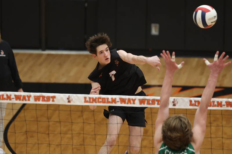 Lincoln-Way West’s Colin Dargan powers a shot against Providence on Wednesday, April 3, 2024 in New Lenox.