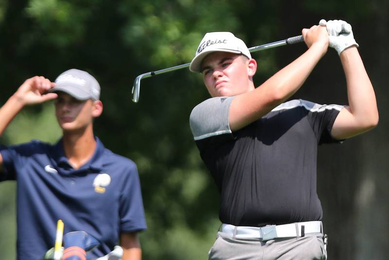 DeKalb’s Jonah Keck tees off on the second hole during the Mark Rolfing Cup Monday, Aug. 21, 2023, at the Kishwaukee Country Club in DeKalb.